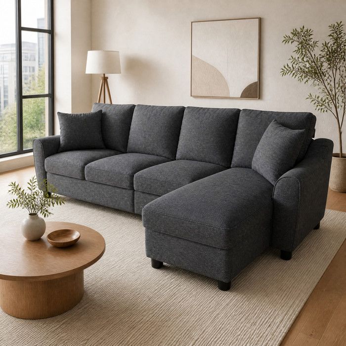 ELVORIN Canape d angle L 280x136x82 cm chenille gris chaise longue avec rangement dossier rabattable et porte gobelets