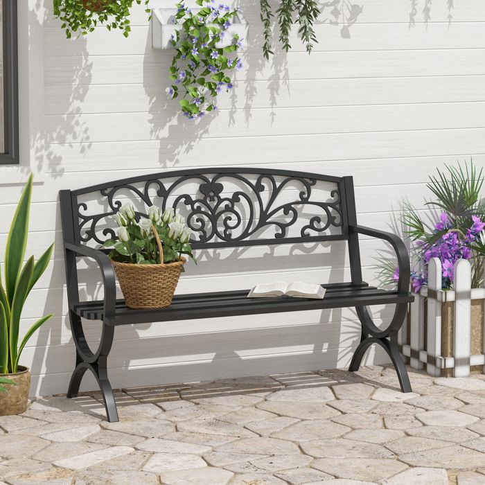 Banc de jardin 2 places en fer 127 x 60 x 85 cm noir design classique motif floral