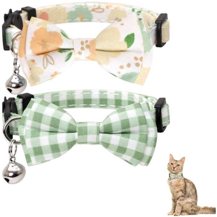 Lot de 2 colliers pour chat anti-étranglement réglables 20-28 cm nœud papillon et clochette fleuri à carreaux