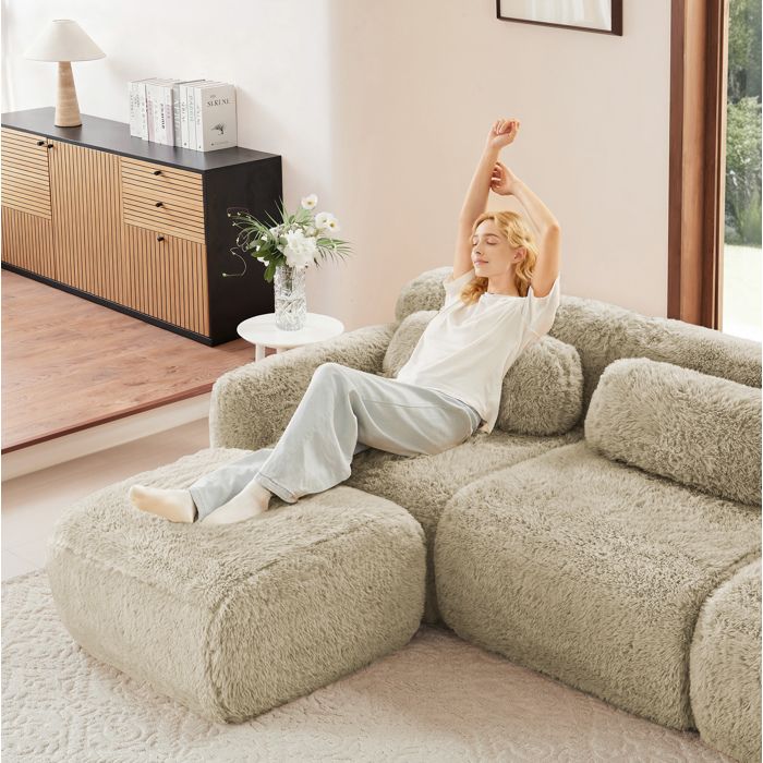 AESVAR fauteuil modulable sans accoudoirs 1 place en tissu peluche kaki clair avec coussin 102 x 104 x 73 cm