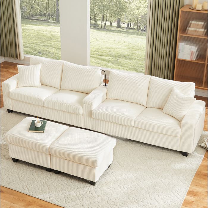 Canapé modulable en U AESVAR 4 places avec 2 poufs USB Type-C lampe de lecture velours côtelé beige