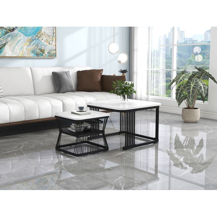 WOVREO Lot de 2 tables basses carrées blanches brillantes effet marbre MDF acier noir