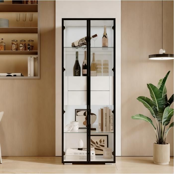 Vitrine Verre Trempe Blanc Et Noir Buffet Haut Moderne FloraGrace Pour Salon LED Controlee Par Application 60x40x160cm