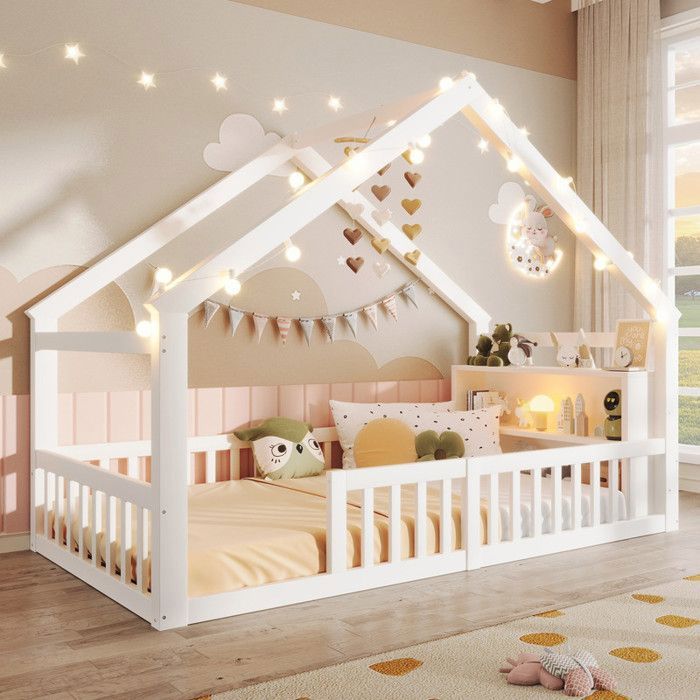 Lit Cabane Enfant 90x190 cm Lit Montessori au sol barrières de sécurité étagères rangement sommier à lattes Pin et MDF Blanc