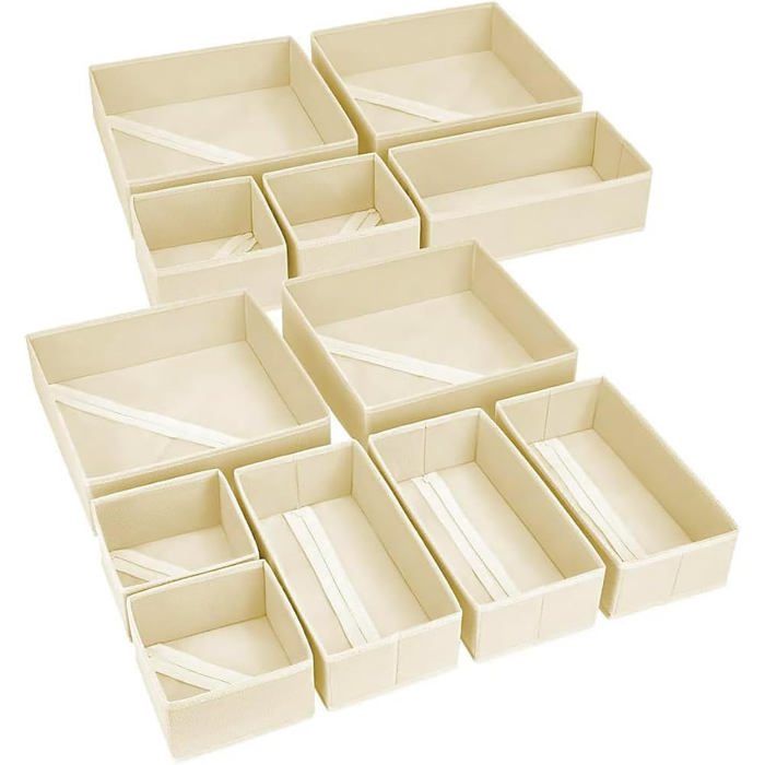 Lot de 12 tiroirs de rangement pliables en tissu non tissé beige - 3 tailles combinées pour vêtements et accessoires
