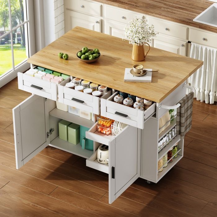 Îlot de cuisine mobile - Plan de travail rabattable - 120 x 70 x 84 cm - MDF - Naturel et blanc - 3 tiroirs