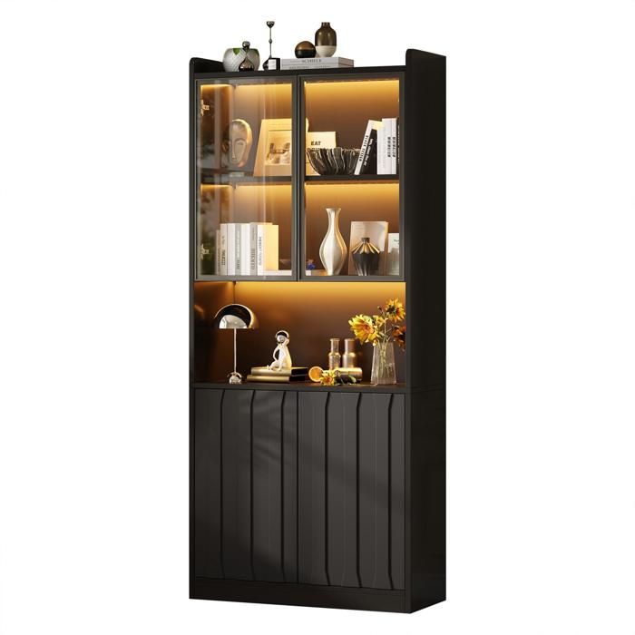 Vitrine en Verre avec éclairage LED Meuble de Rangement avec Portes en Verre et Cloison Ouverte Bibliothèque pour Collection Noir