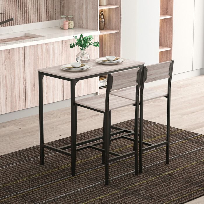 Table bar 3 pièces avec 2 chaises ensemble en MDF et métal naturel noir 89x45x87 cm JOINERY