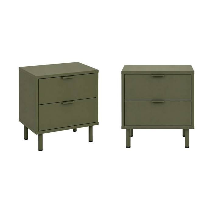 Lot de 2 tables de chevet décor bois et métal 2 tiroirs kaki - Ellie