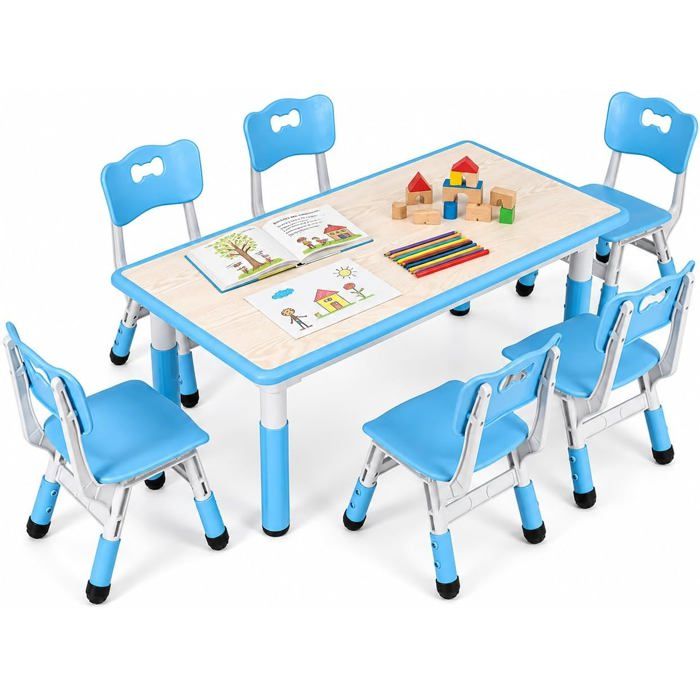 Table et chaises enfant réglables lot 7 : 1 table 120x60 cm 6 chaises HDPE hauteur ajustable 48-60 cm idéal 2 à 10 ans