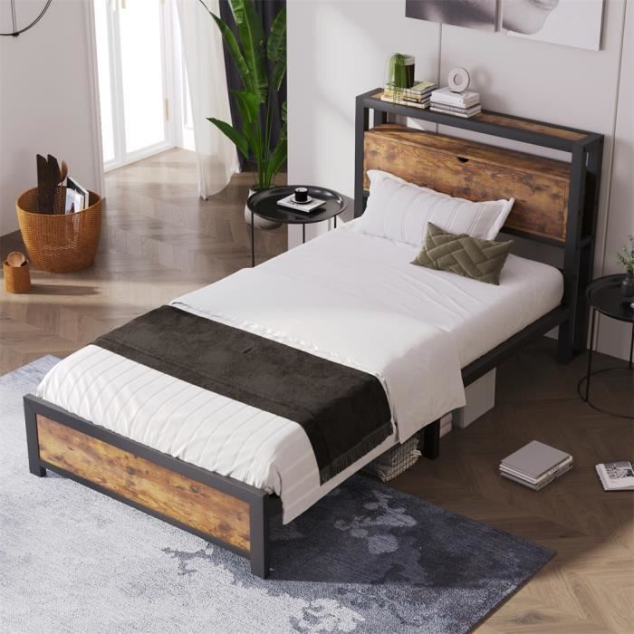 lit de rangement pour adolescents - lit simple avec tête de lit à rangement et sommier métallique style industriel - noir 90x200 cm