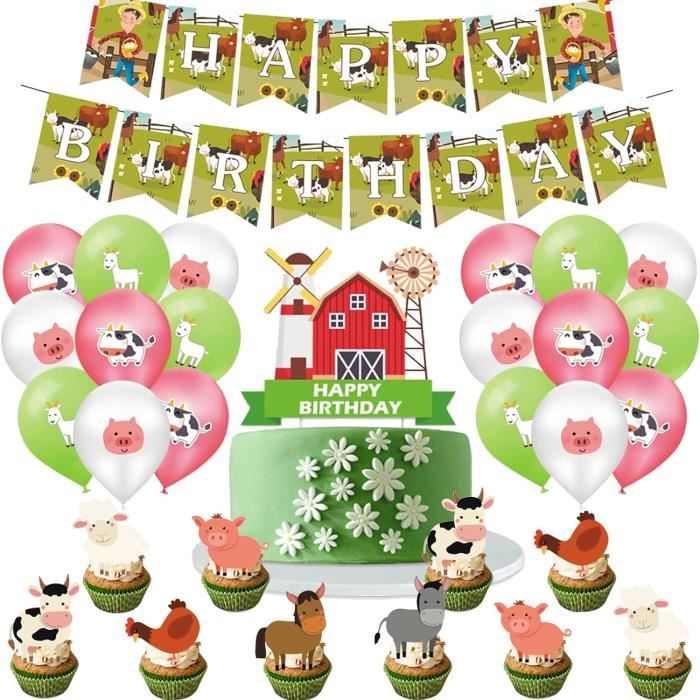 Floral Ferme Avec Mignon Animaux Heureux Anniversaire Toile de fond