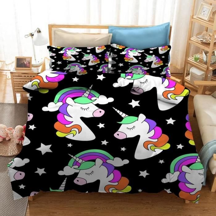 Housse De Couette 3D Licorne 200 X 200 Cm avec 2 Taies d'oreiller 65X65Cm Microfibre Parure De Lit 2 Personnes Lavable en Machine Parure De Lit 200X200 Enfant Fille