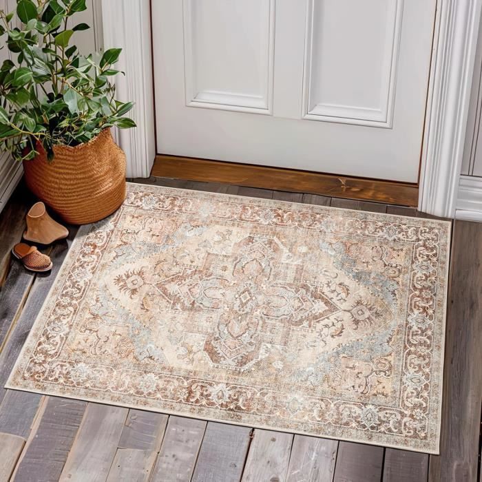 Paillasson Lavable à Poils Courts 60x90 Cm - Motif Rétro Orange-vert, Antidérapant, Antibactérien Pour Entrée, Cuisine