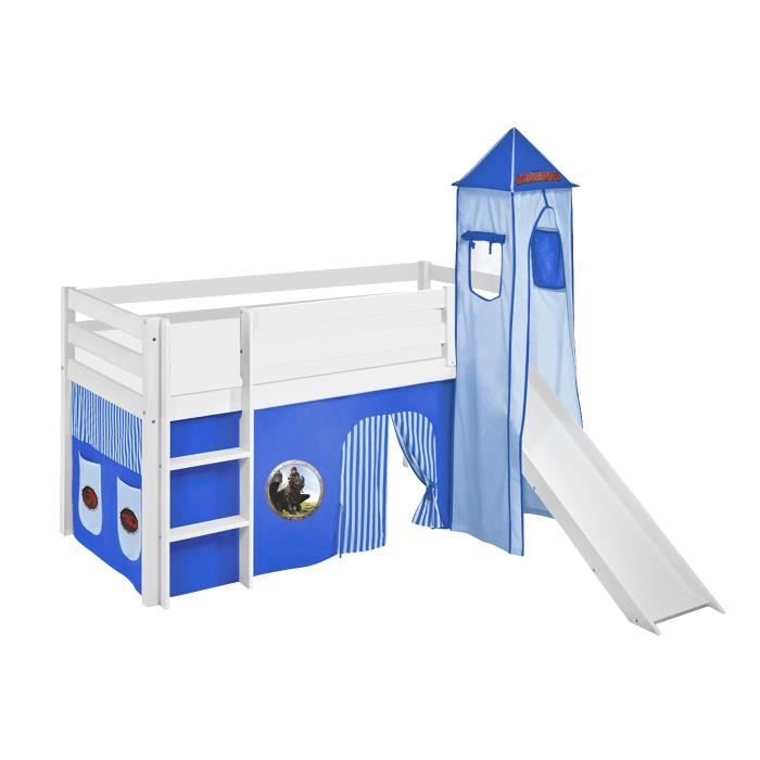 Lit surélevé - LILOKIDS - JELLE - 90 x 190 cm - Blanc laqué - Avec rideaux et toboggan Lit surélevé - LILOKIDS - JELLE - 90 x 190 cm - Blanc laqué - Avec rideaux et toboggan