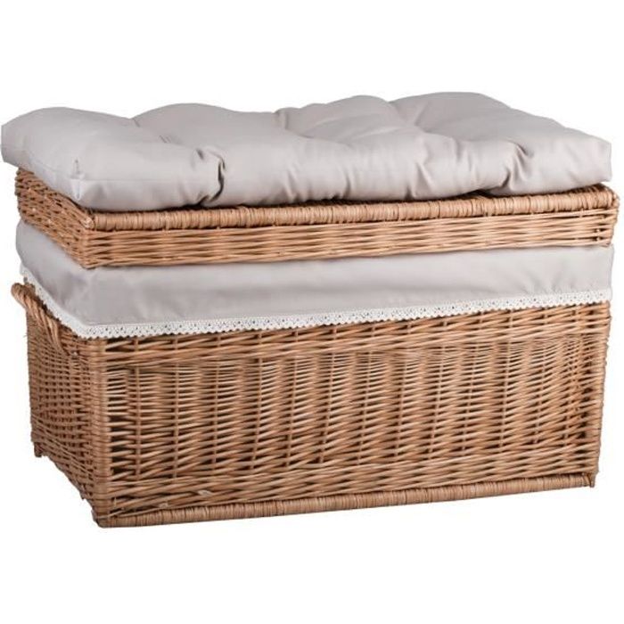 Coffre en Osier Buff avec Coussin de siège - Industriel - Loft - 60x39x39 cm