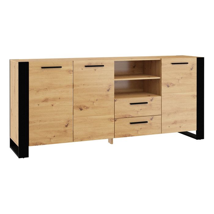 Commode de chambre salon multi-usage NUKA D 197 cm chêne artisan jambes noires et poignées Commode de chambre salon multi-usage NUKA D 197 cm chêne artisan jambes noires et poignées