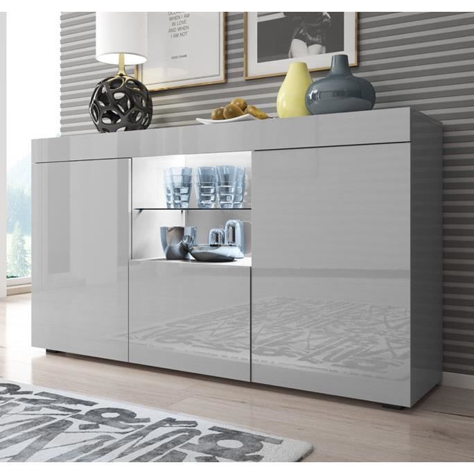 Design Ameublement - Buffet Bahut SEFORA LED - 3 portes - Gris Brillant - 135x72x34cm Design Ameublement - Buffet Bahut SEFORA LED - 3 portes - Gris Brillant - 135x72x34cm