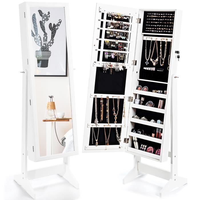 costway armoire à bijoux sur pied avec miroir psyché inclinable à 4 angles, rangement et présentoir pour bijoux blanc