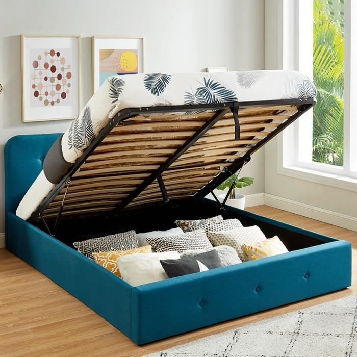 Lit Coffre 140x190 Cm Bleu Canard Avec Tete De Lit Sommier A