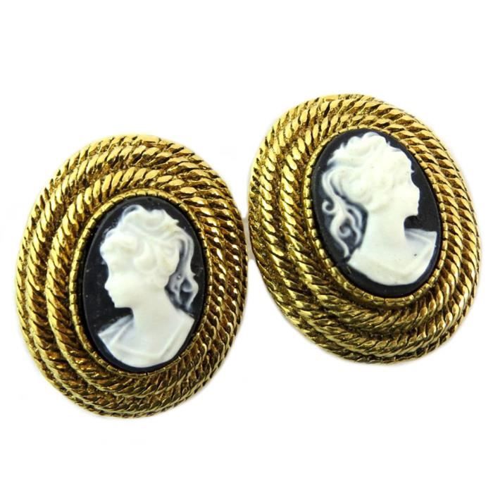 Boucles D'oreilles Clips Vintage Doré Et Noir - Bijou Fantaisie Sans Marque, Occasion, Fermoir à Clip