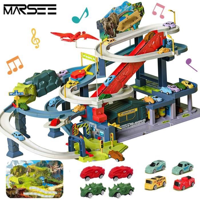 MARSEE Circuit Voiture Dinosaure Jouet, avec 4 mini voitures colorées et 4  voitures jouets dinosaures pour 3 ans et plus