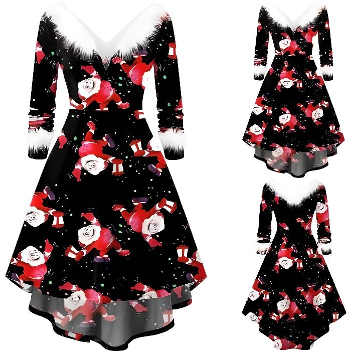 Noel Robe Femme Vintage Annees 50 Pin Up Femme Chic Elegante Robes a Manches Longues Col V Imprimee pere Noel Robe Retro Rockabilly Noir Cdiscount Pret a Porter