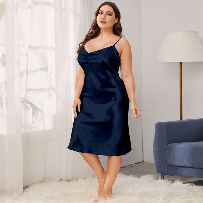 Nuisette Satin Femme Chemise de Nuit avec col en V Couleur Unie Robe de Nuit Sling Longue Sexy Hot Cyan clair Cyan clair Cdiscount Pret a Porter