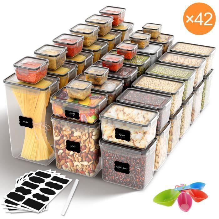 Lot de 42 Boîtes de Conservation Transparentes pour Cuisine - Boite Rangement Hermétiques - Avec Étiquettes et Cuillères Doseuses