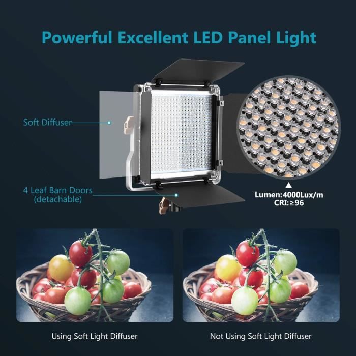 Neewer 480 LED Panneau Lumière Studio Vidéo Bi-Couleur 3200-5600K CRI 96+ - Intensité Réglable Avec Monture U Pour Photo Et Vidéo