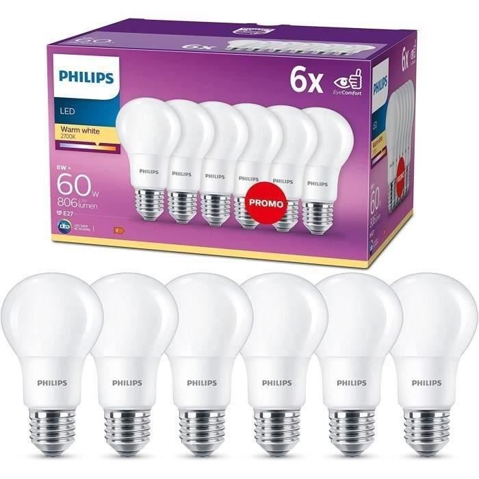 Philips, pack de 6 ampoules E27 LED 60W, blanc chaud