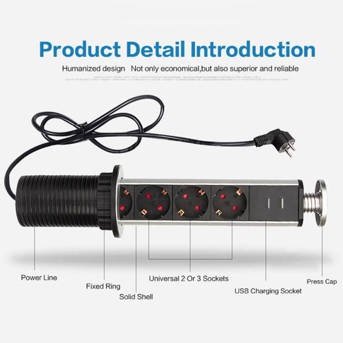 Bloc Prise Escamotable 4 Prises, Multiprise Escamotable avec USB