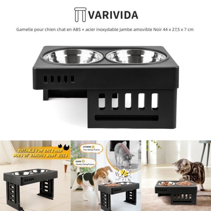 Comparer les prix de Gamelle pour chien chat en ABS + acier inoxydable - VARIVIDA - Jambe amovible - Noir - 44 x 27,5 x 7 cm