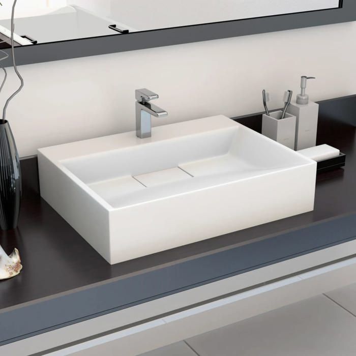 Lavabo Céramique Monté Sur Comptoir 60x34 Cm - Design Moderne - Pour Salle De Bain, Bureau Ou Vestiaire