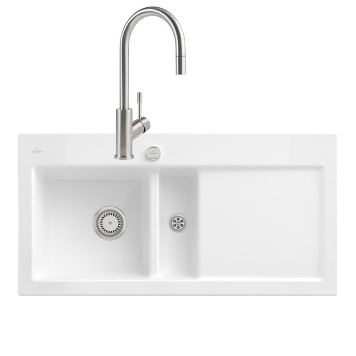 Evier VILLEROY ET BOCH Subway Pure 60 1 bac et demi égouttoir à droite vidage auto + Robinet Umbrella Flex Acier Massif - vue 5