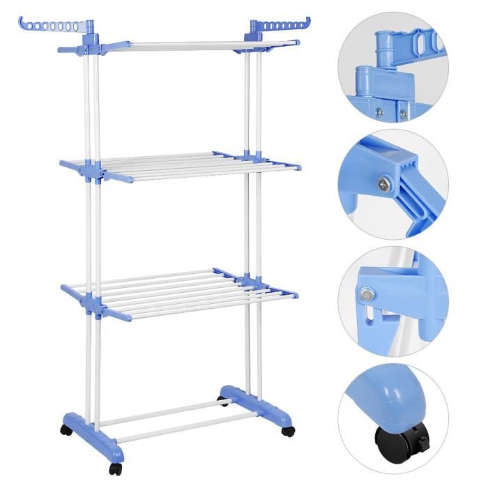 Séchoir à Linge Pliable 4 étages Avec Roulettes - 75x64x170 Cm - Capacité 30 Kg - Pour Intérieur Et Extérieur
