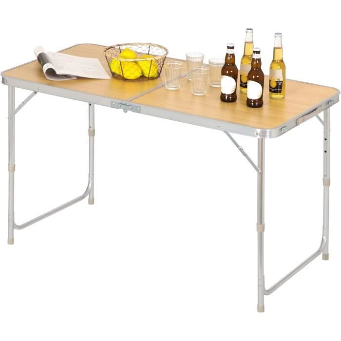 woltu table de camping pliante,table de jardin pliable,table de balcon en aluminium et mdf,réglable en hauteur,120x60x70 cm,chêne