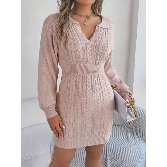Robe Pull Femme Manches Longues - Tissu Polyester/élasthanne, Moulante, Couleur Unie - Pour Automne/hiver, Bureau, Soirée, Casual - 7