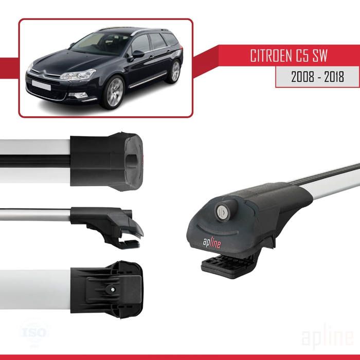 Barres De Toit Aluminium Pour Citroën C5 II Tourer (2008-2018) - Modèle Fly, Gris, 2 Barres - Charge 75 Kg Dynamique - 9