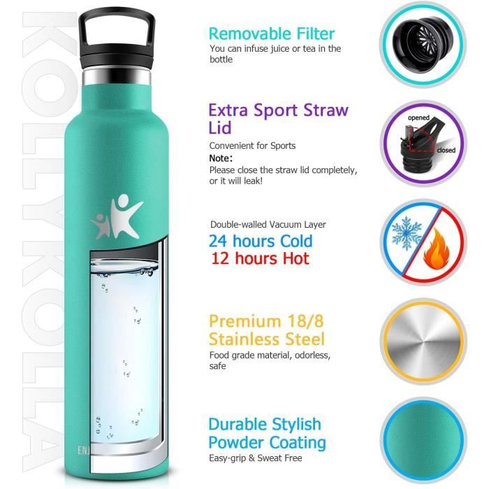 Vikastar Gourde Isotherme, 500ml Sans BPA, Bouteille Isotherme Enfant, Anti Fuite, Gourde Inox pour Adulte, Sport, Gym, Enfant, École, Rose Arc-en-ciel