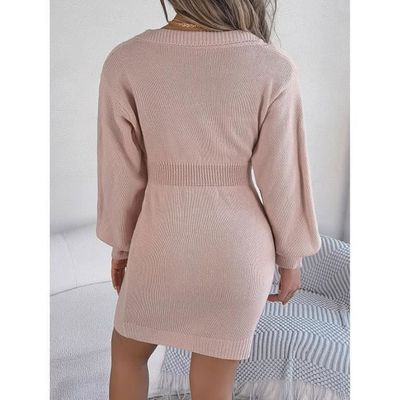 Robe Pull Femme En Tricot - Manches Longues, Col V, Midi Genou, Pour Automne Et Hiver, Élégante Et Décontractée