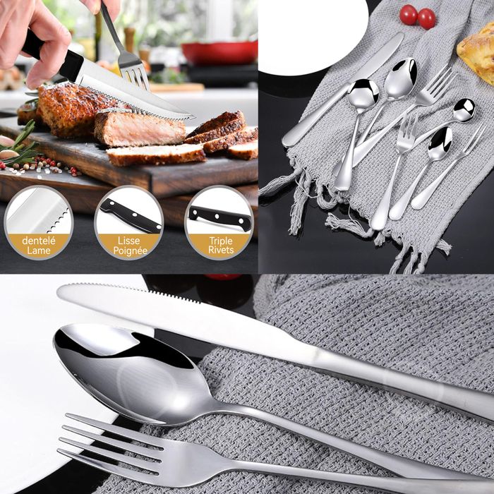 Lot De 24 Couverts à Steak En Inox - 12 Couteaux (21,3 Cm) + 12 Fourchettes (18 Cm) - Polis Miroir, Lave-vaisselle - Pour Repas, Fêtes, Restaurants