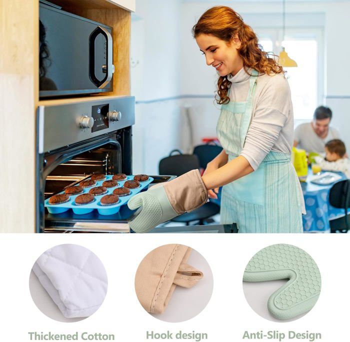 Maniques Cuisine Silicone W0178 Ensemble De Gants De Cuisine Et Porte Casseroles En Silicone Gants De Cuisine À Doublure Matelassée Résistant À La Chaleur Pour La Cuisine, La Pâtisserie Et Les Grillades