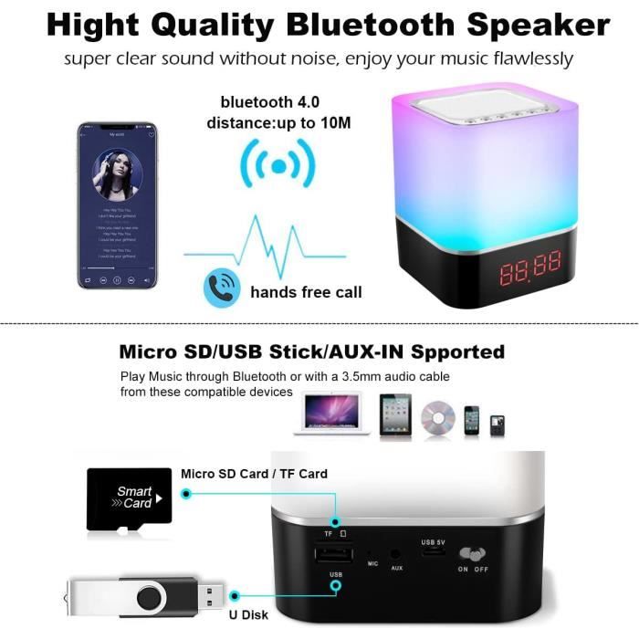 Enceinte Bluetooth Portable Réveil Lumineux, Lampe de Chevet Tactile avec  Lecteur de Musique MP3, Machine à