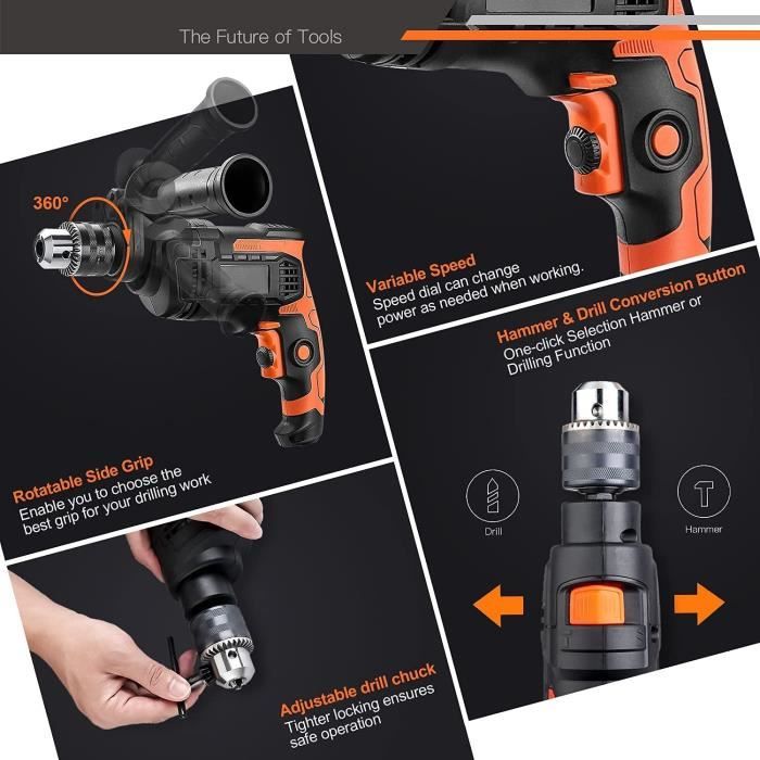 Perceuse a Percussion 850W 2 en 1 TACKLIFE 15 Jeu de Forets 3000RPM Poignee Laterale 360 Mode Marteau et Perceuse PID03B Cdiscount Bricolage