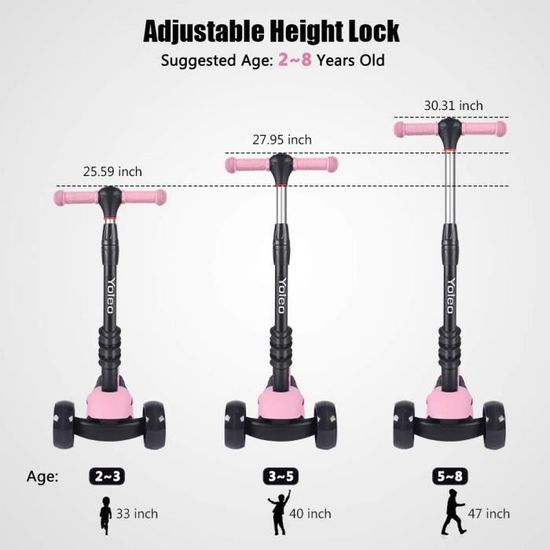 YOLEO Trottinette Enfant 3 Roues – Pliable, LED Roues, Hauteur Réglable 65-78 Cm, Antidérapant, Dès 3 Ans