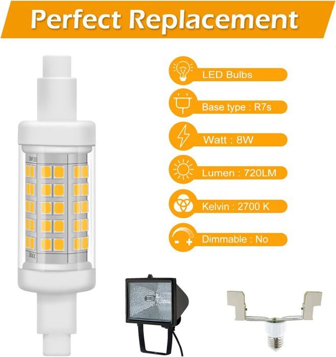 Ampoule R7s LED 78mm 8W Equivalent à 70W Halogène R7s Lampe Blanc Chaud ...