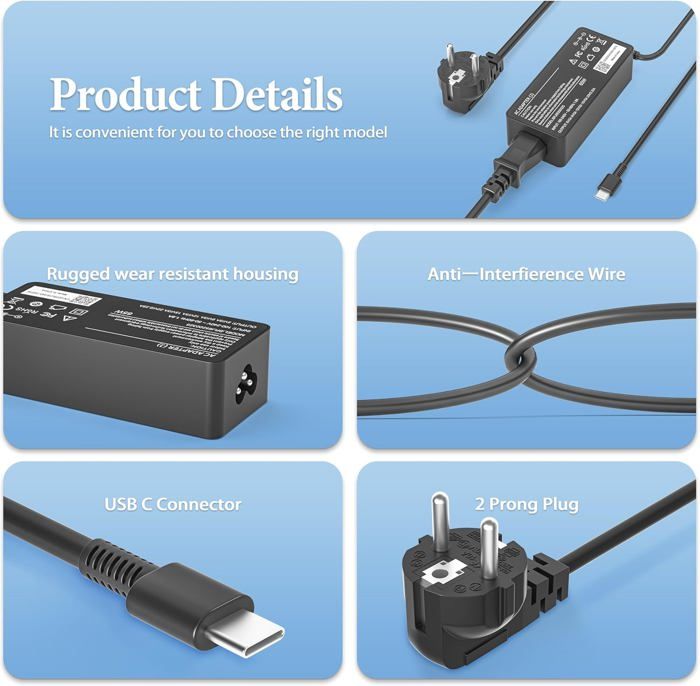 65W Power Supply Charger Compatible With Dell Pro 14 16/Pro Max 14 16/Pro 13 14 16 Plus/Pro 13 14 Premium/Pro Rugged 13 14 Laptops Compatible With Dell 65W USB C Charger