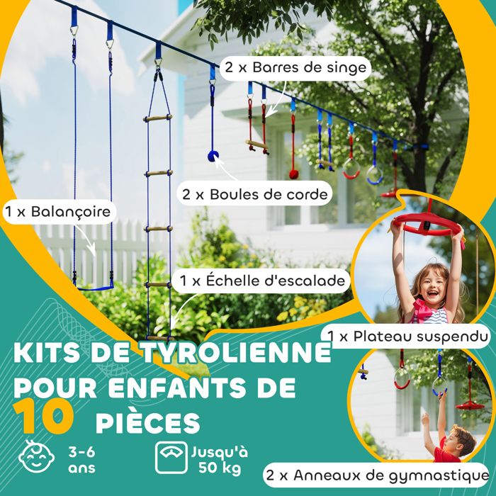 Kit Parcours Obstacles Ninja Trapèze Balançoire Enfant - Anneaux à Suspendre Extérieur Pour Portique Toboggan Outdoor