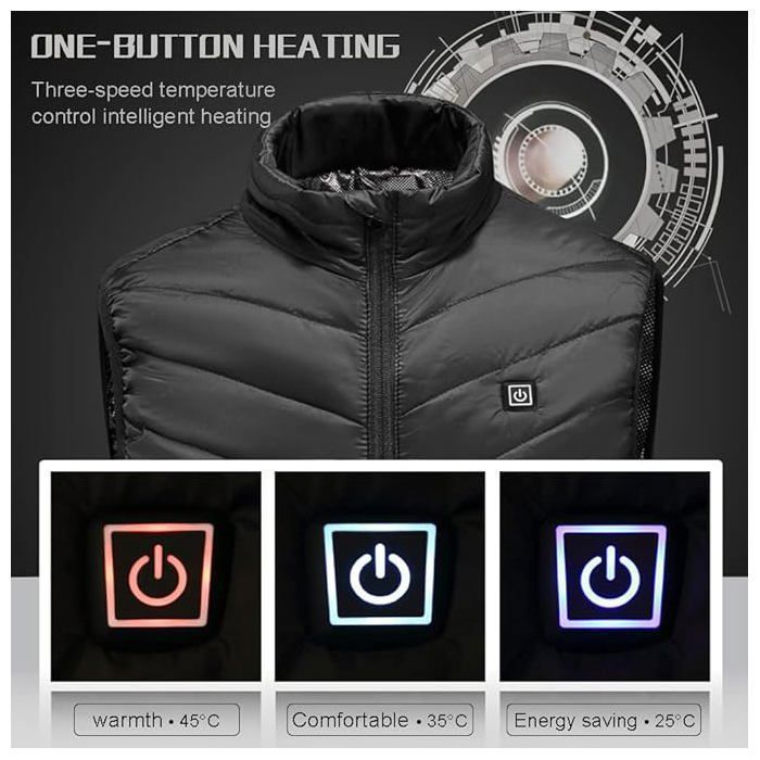 Gilet Chauffant USB Homme/Femme - 11 Zones Chauffantes, 3 Niveaux Température - Pour Pêche, Randonnée